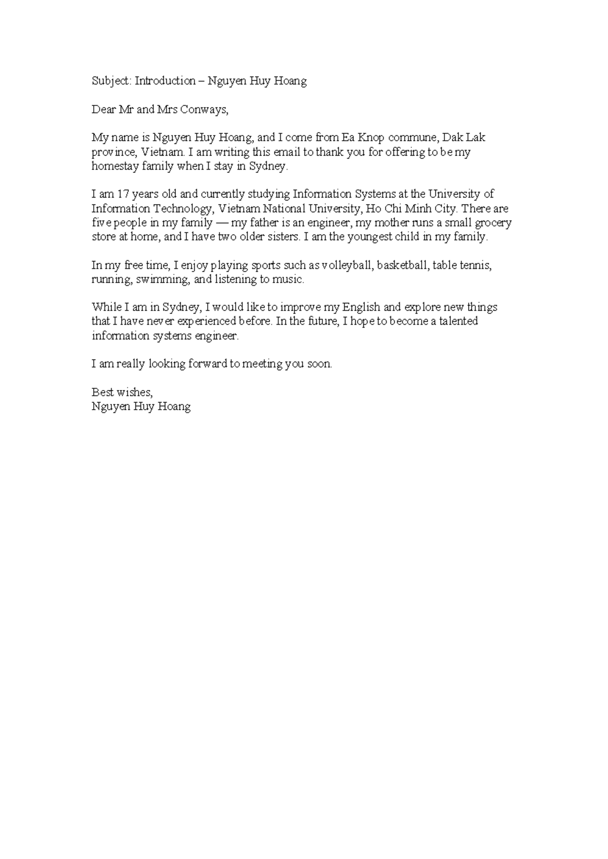 Introduction Email for Homestay Family - ENG 1234 - Studocu