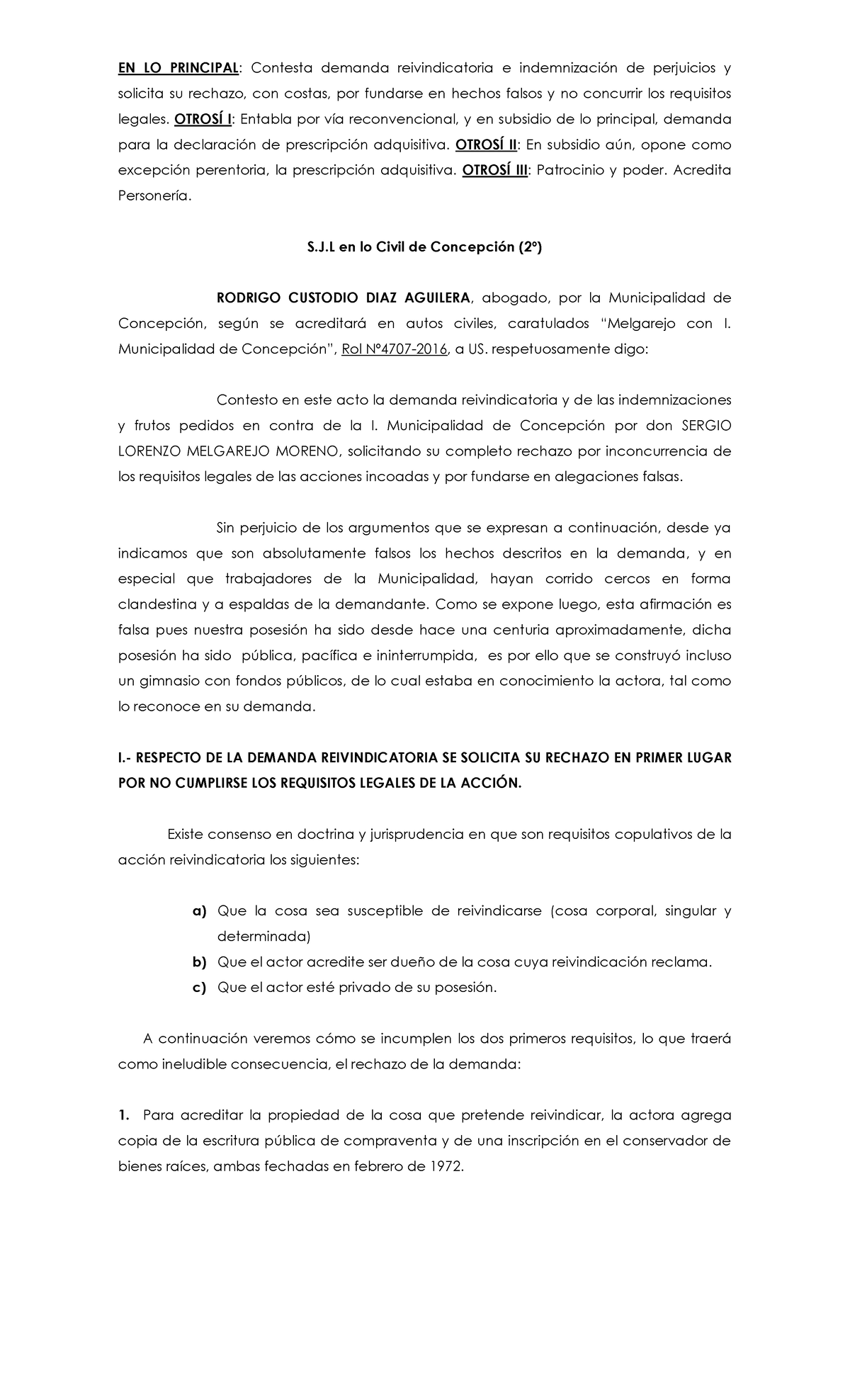 Contesta Demanda Reivindicatoria e Indemnización - Rol 660455244 - Document Preview