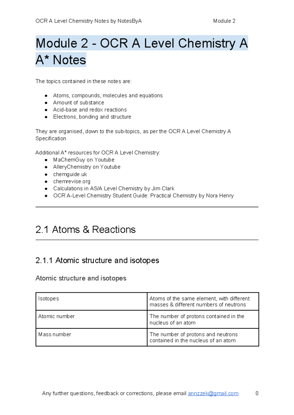 OCR A Level Chemistry A: Module 2 A* Notes on Atoms & Reactions - Studocu