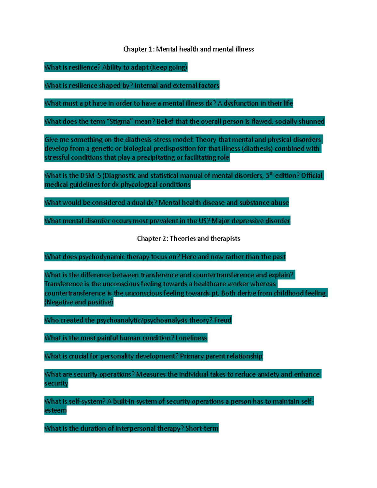Exam 1 study guide - Notes - Chapter 1: Mental health and mental ...