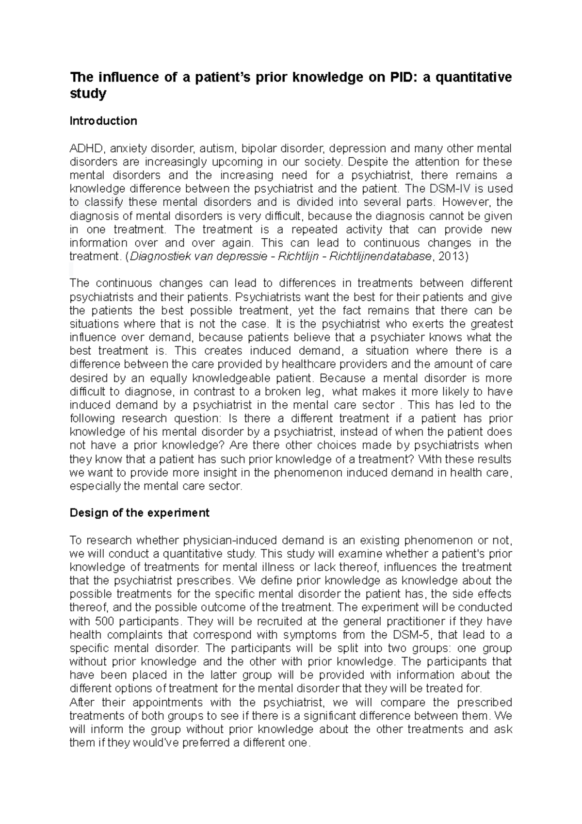 Assignment Week 1: Impact of Prior Knowledge on Psychiatric Treatments ...