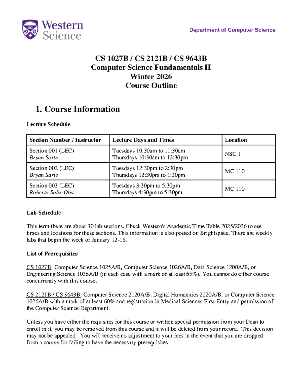 CS 1027B Computer Science Fundamentals II Winter 2026 Course Outline ...