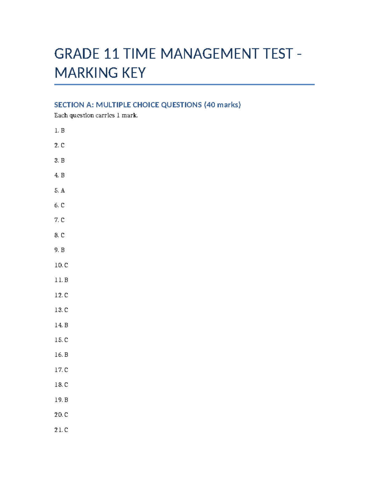 Grade 11 Time Management Test Marking Key: MCQs & Structured Qs - Studocu