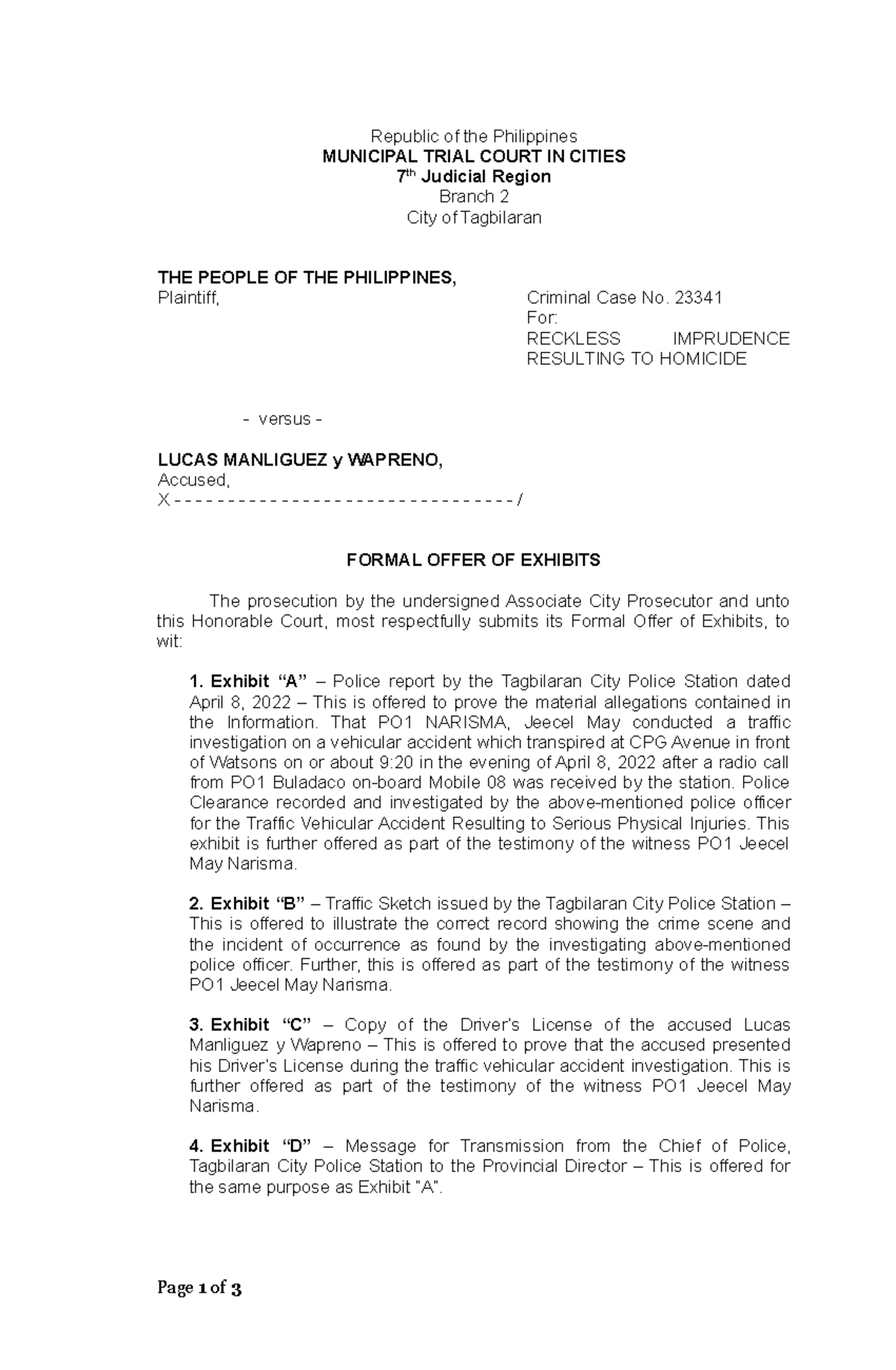 Formal Offer of Exhibits for Criminal Case No. 23341 - Studocu