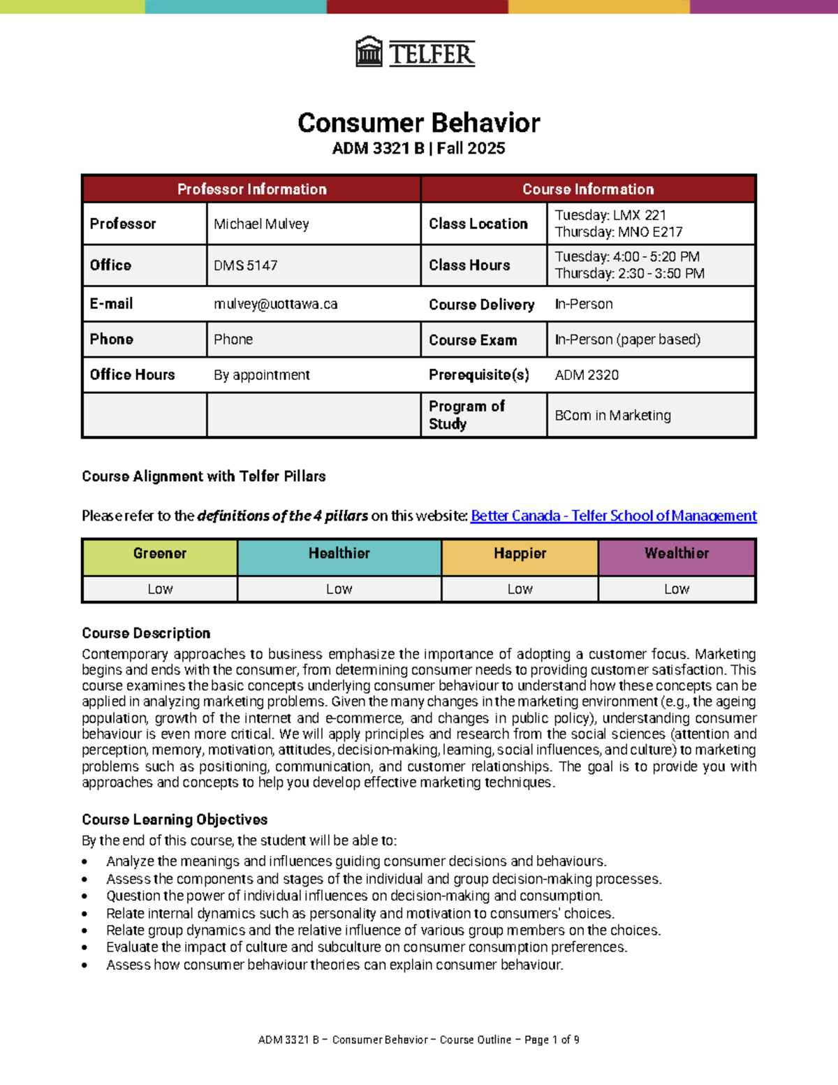 Consumer Behavior Course Outline - ADM 3321 B Fall 2025 - Studocu