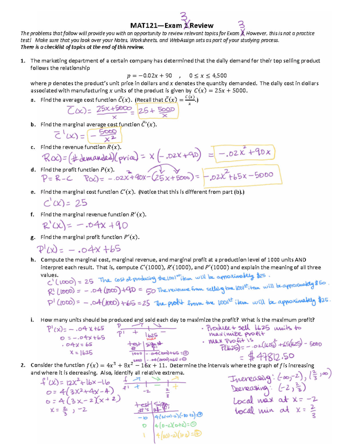 MAT121-Exam 2 Review: Key Topics & Solutions, SS2020 - Studocu