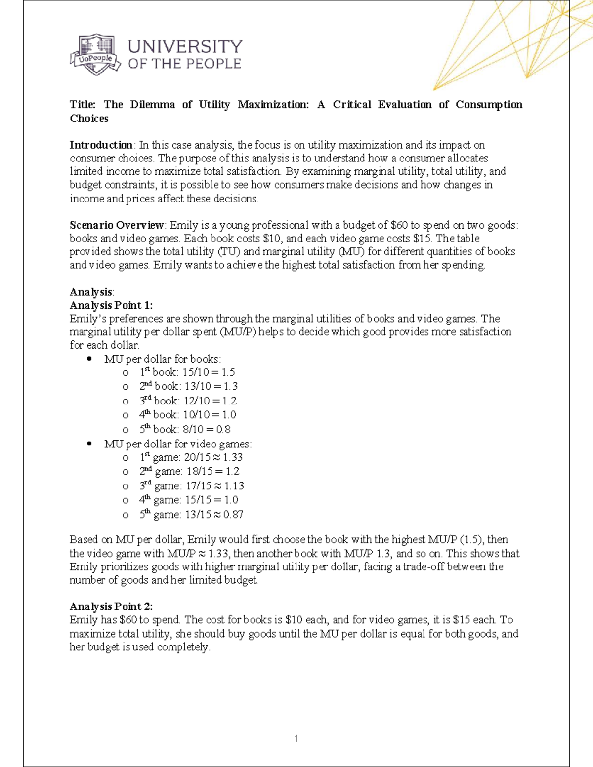Utility Maximization Case Study: Emily's Consumption Choices - BUS 1103 ...