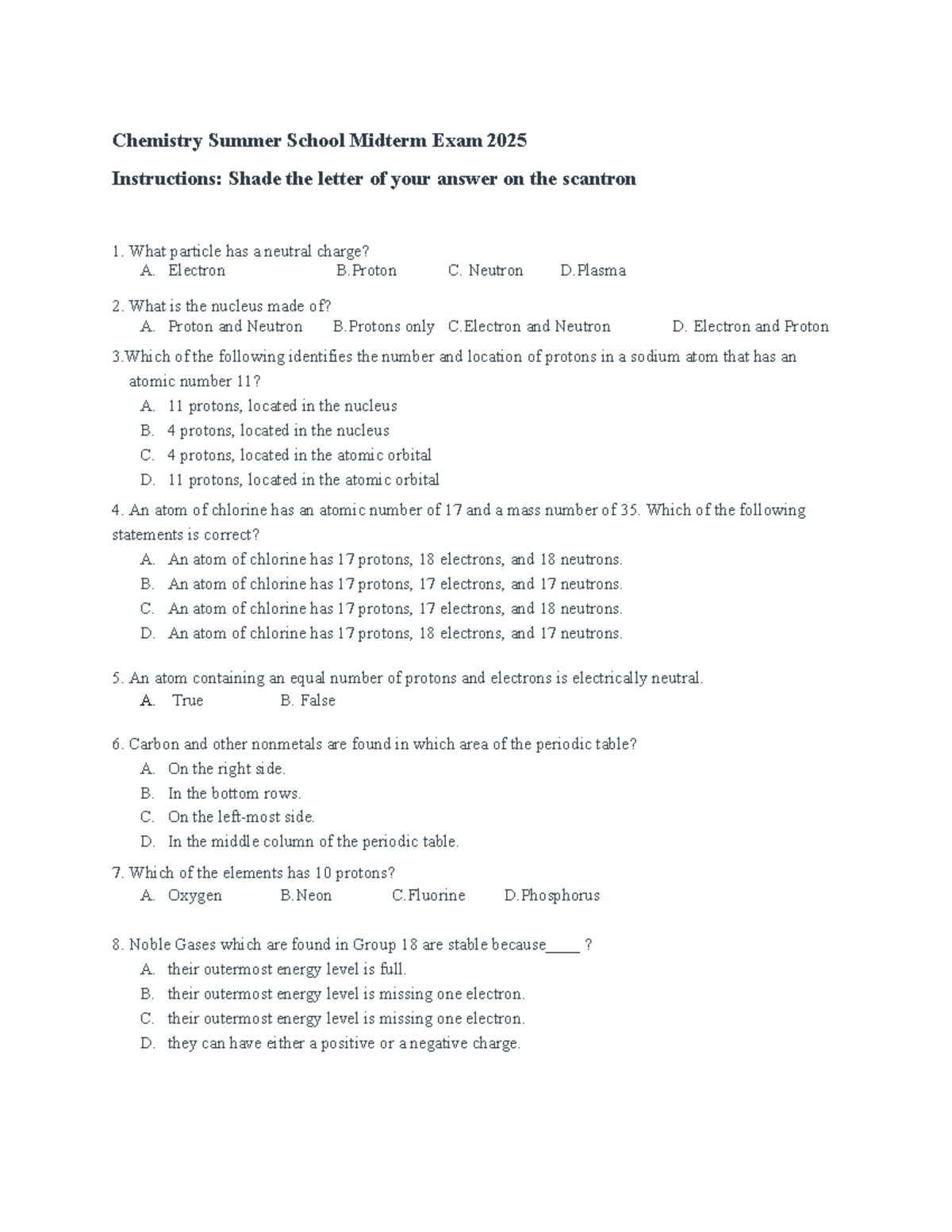 Chemistry Summer School Midterm Exam 2025: Key Concepts & Questions ...