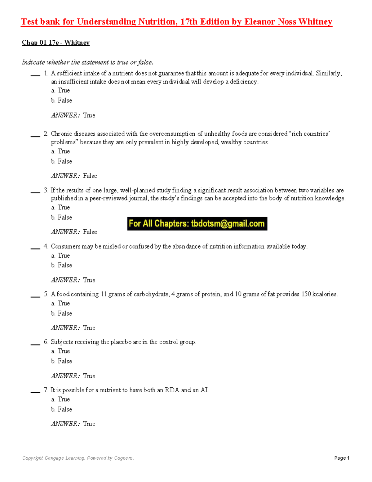 Test Bank for Understanding Nutrition 17e: Chapter 01 Questions ...