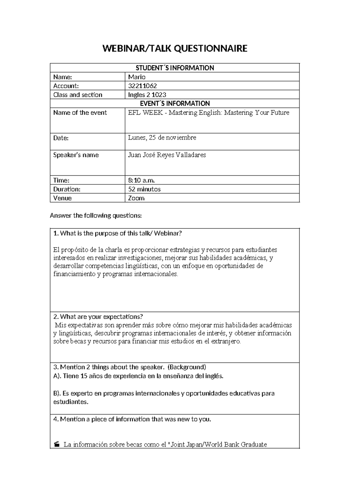 Webinar-TALK Questionnaire: EFL WEEK Insights (Mario 32211062) - Studocu