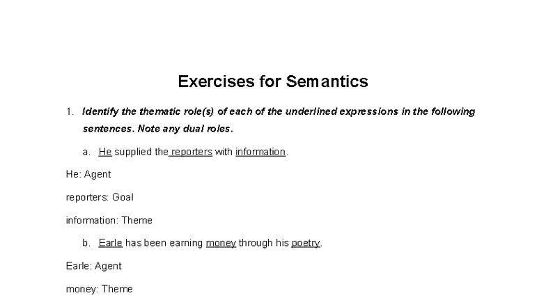 Semantics 1 - Thematic Roles and Synonyms Exercises - Studocu