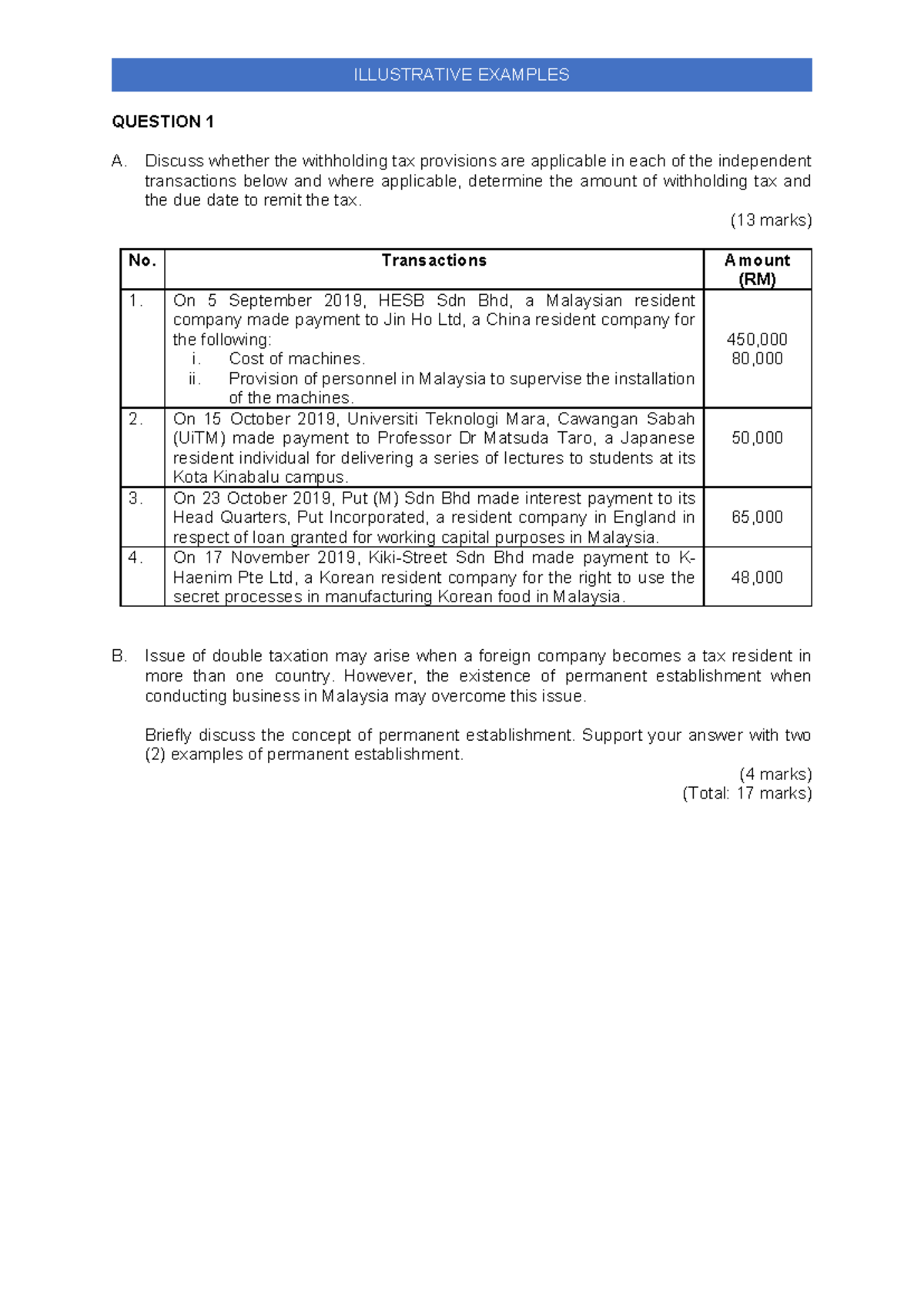 Illustrative Examples - WHT - ILLUSTRATIVE EXAMPLES QUESTION 1 A ...