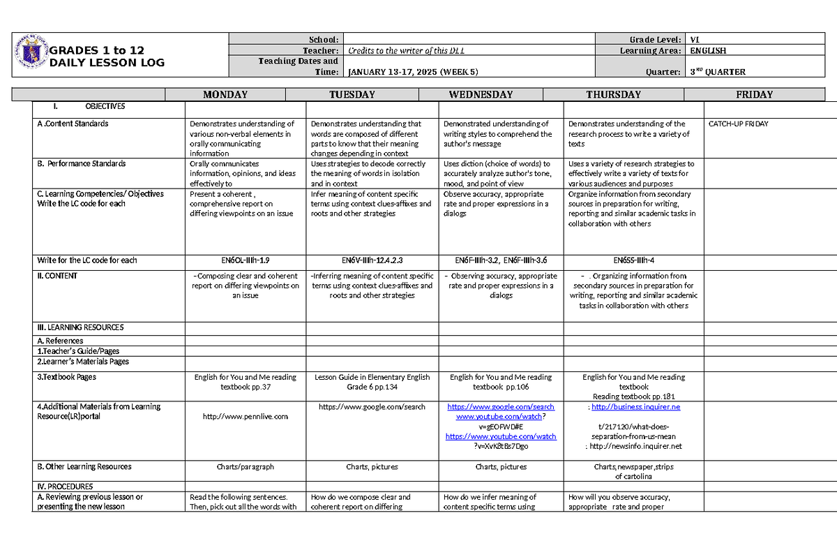 DLL English 6 Q3 W5 - Daily Lesson Log and Teaching Procedures - Studocu