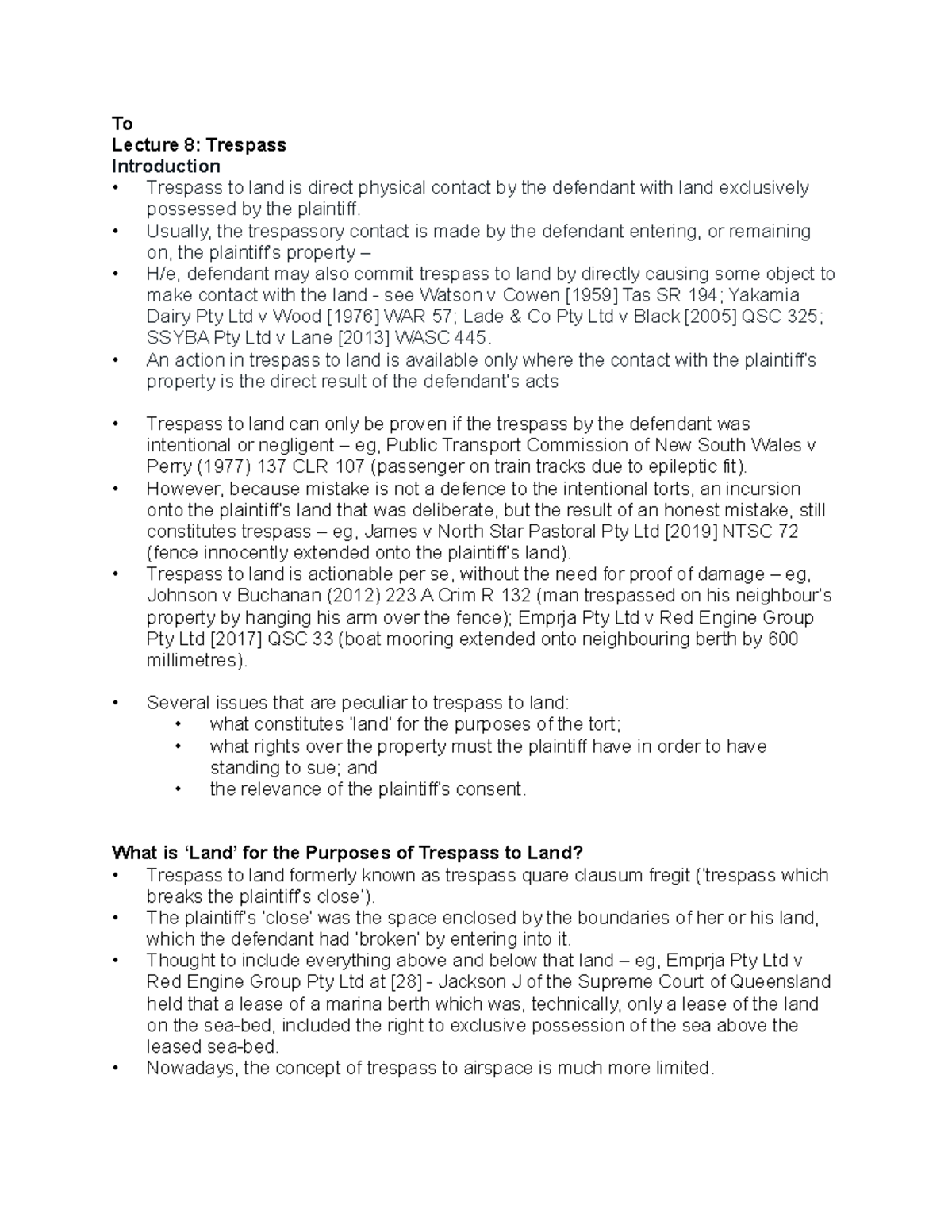 Torts II Lecture 8: Trespass to Land Overview and Key Cases - Studocu