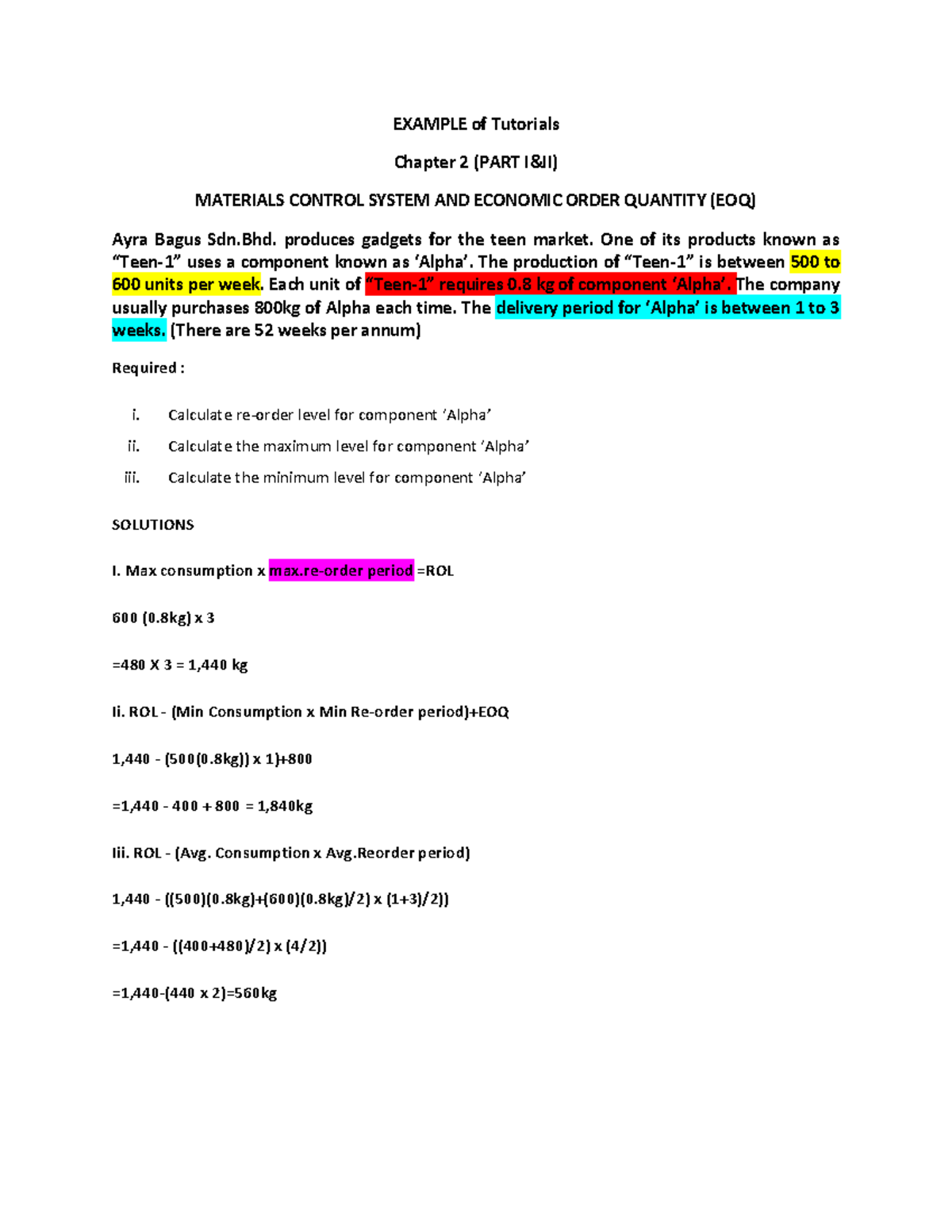 Materials Control System: Example of Tutorials Chapter 2 - Studocu