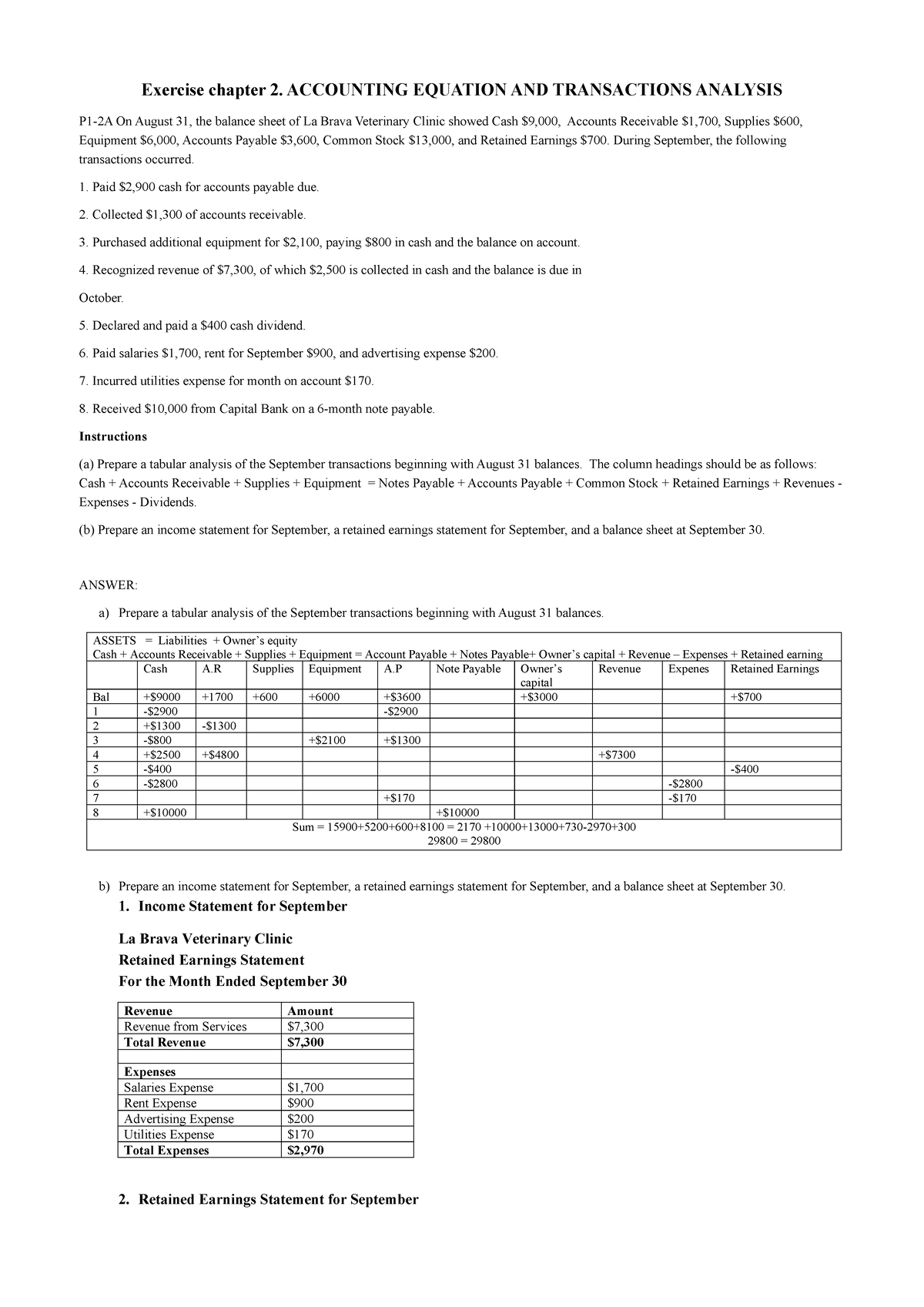 Accounting Equation & Transaction Analysis - Exercise Chapter 2 - Studocu