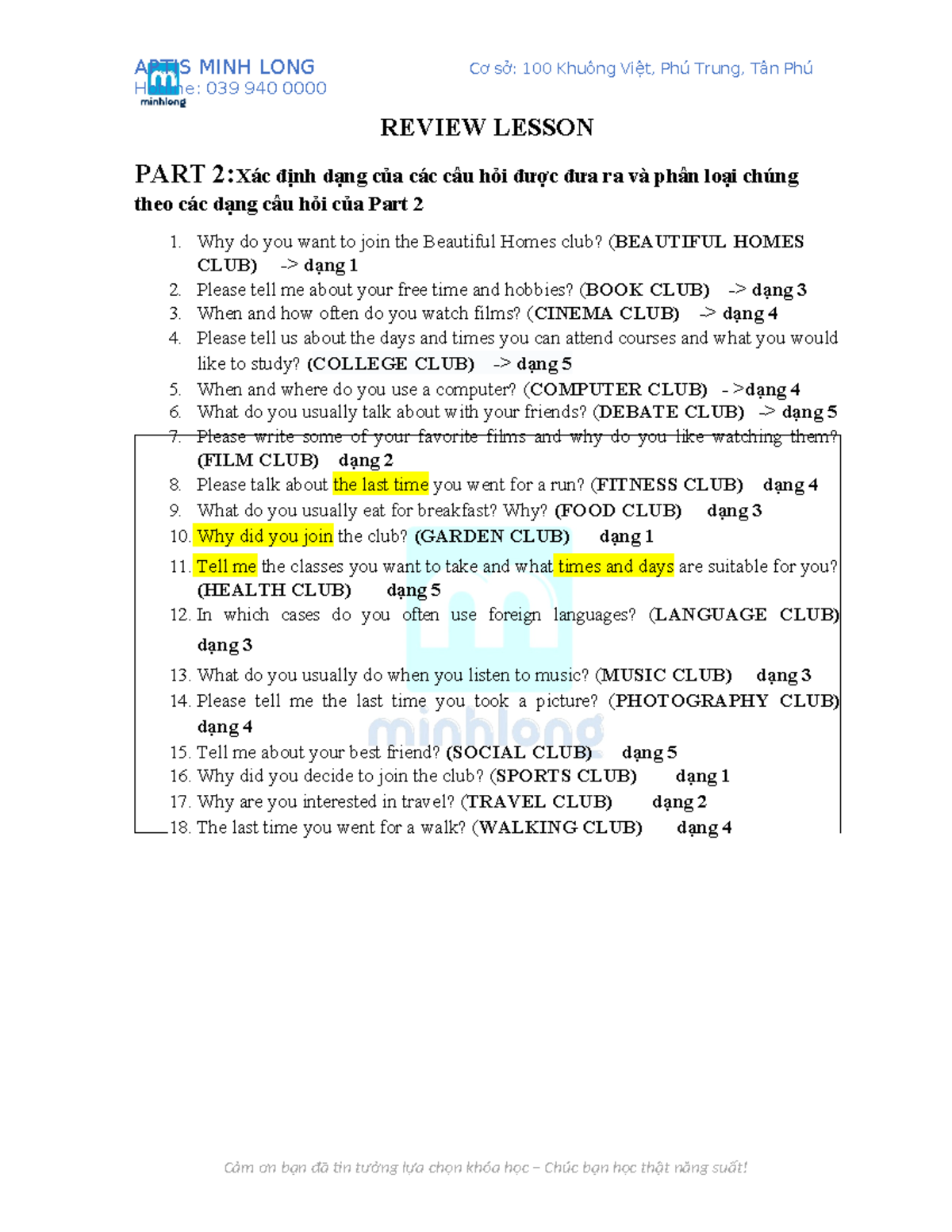B1 - Review Lesson on Club Interview Questions - địaidá - Studocu