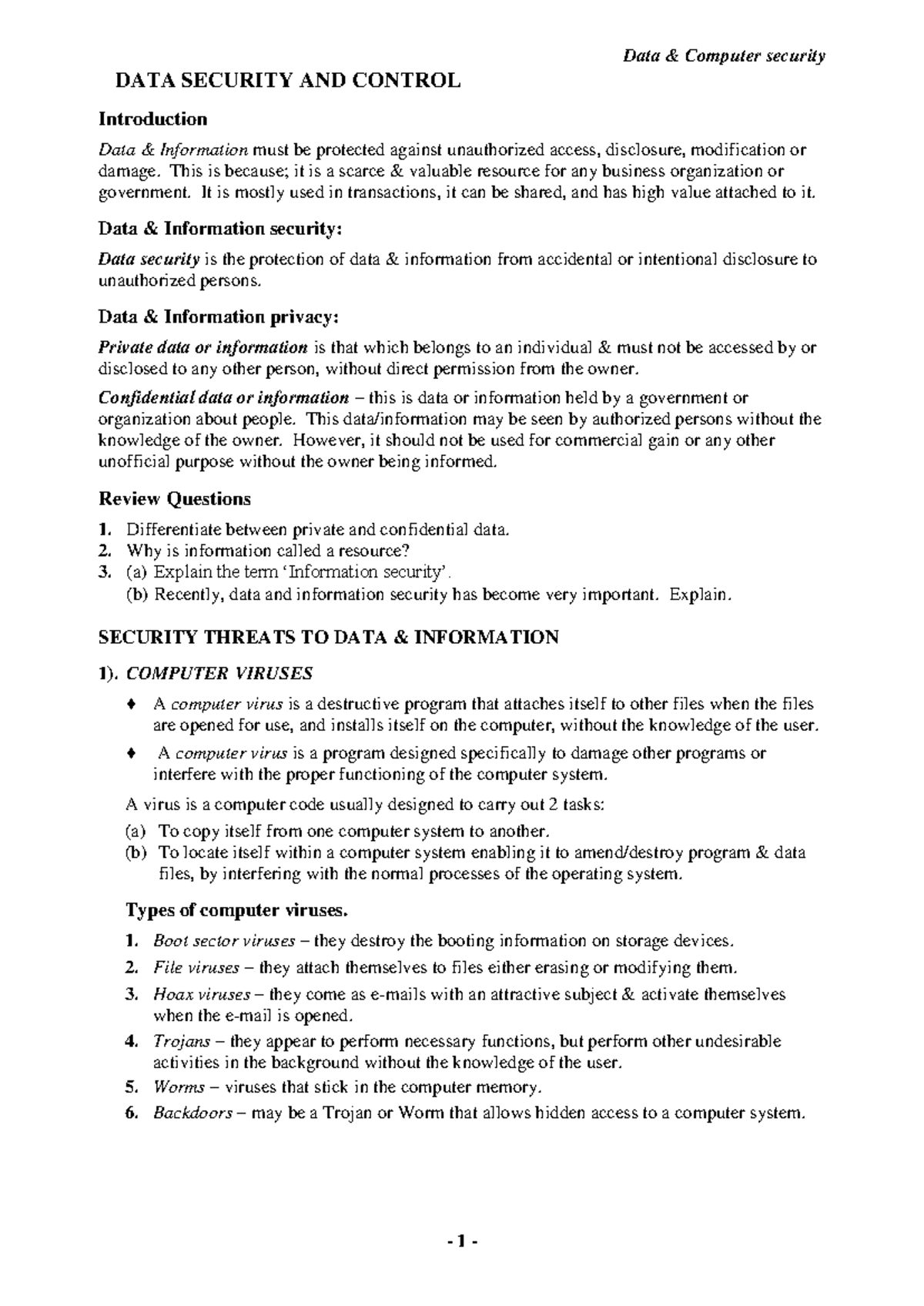 Data Computer Security: Understanding Threats and Protection Measures ...