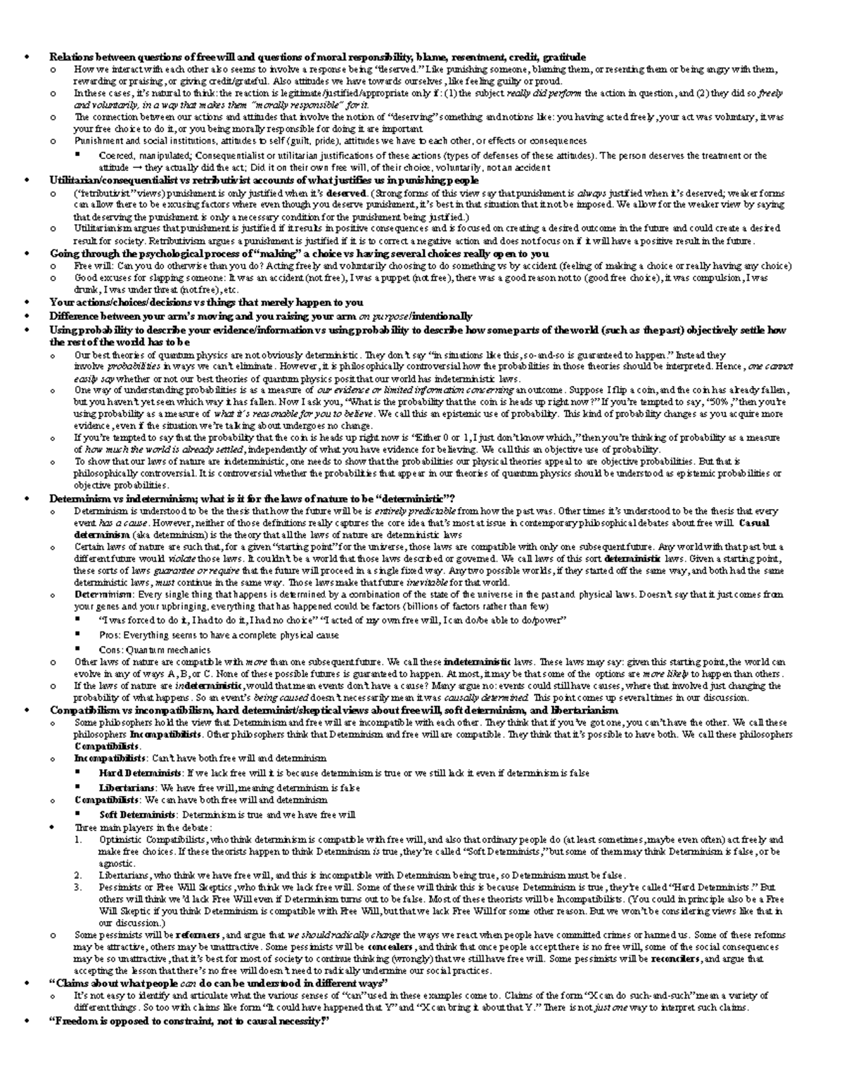 Phil 101 Final Exam Cheat Sheet: Free Will & Moral Responsibility - Studocu