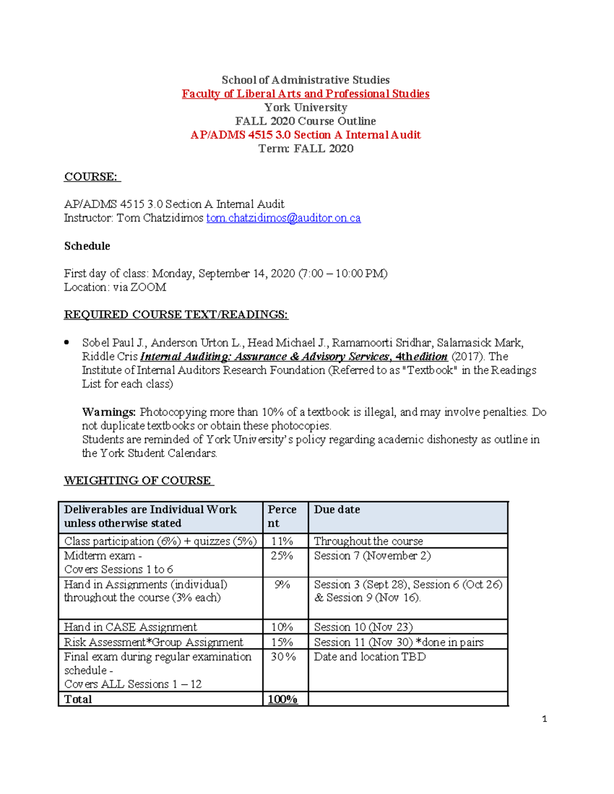 AP/ADMS 4515 3 Internal Audit Course Outline Fall 2020 - Studocu