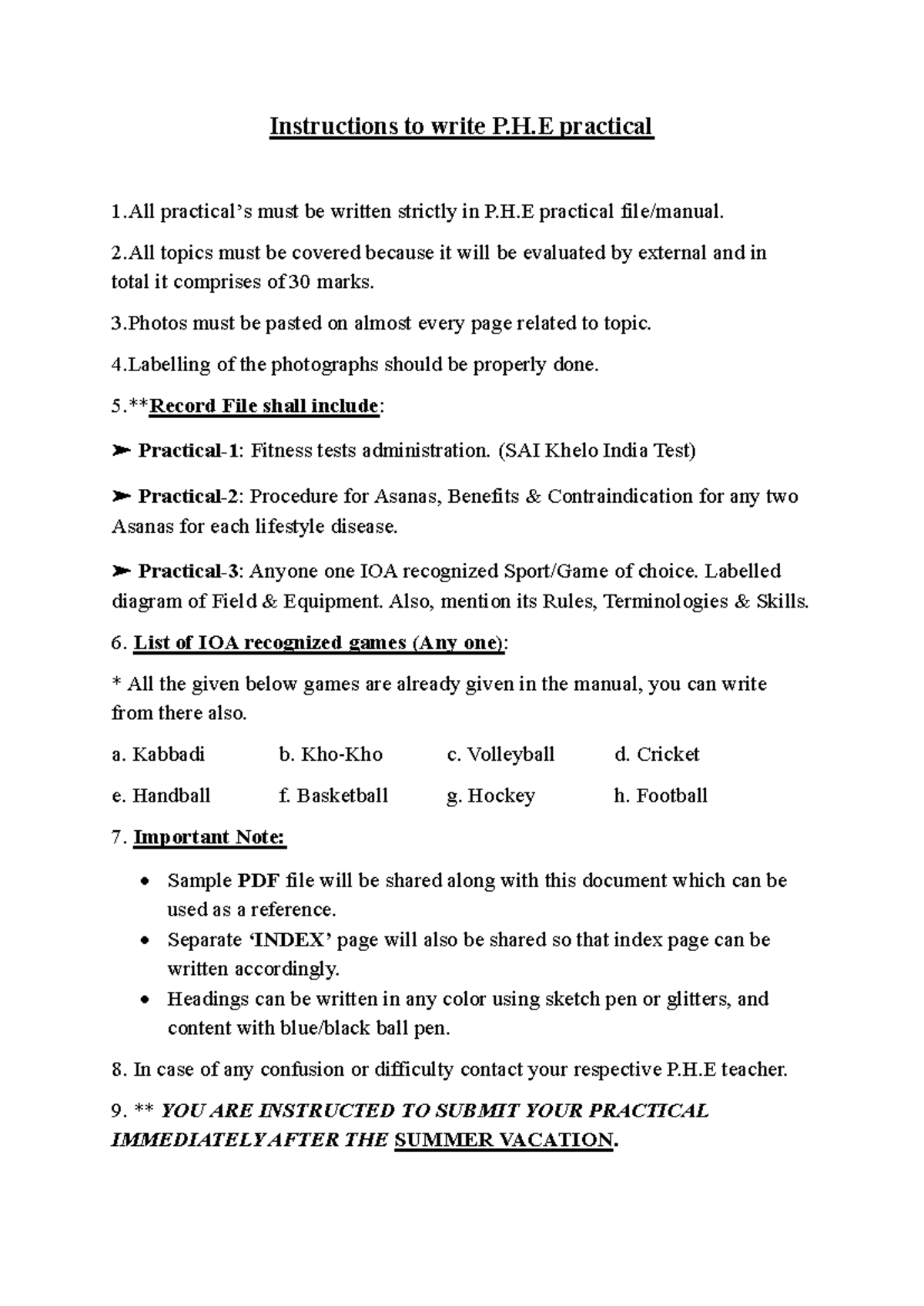 P.H.E Practical Instructions: Guidelines for Submission and Evaluation ...