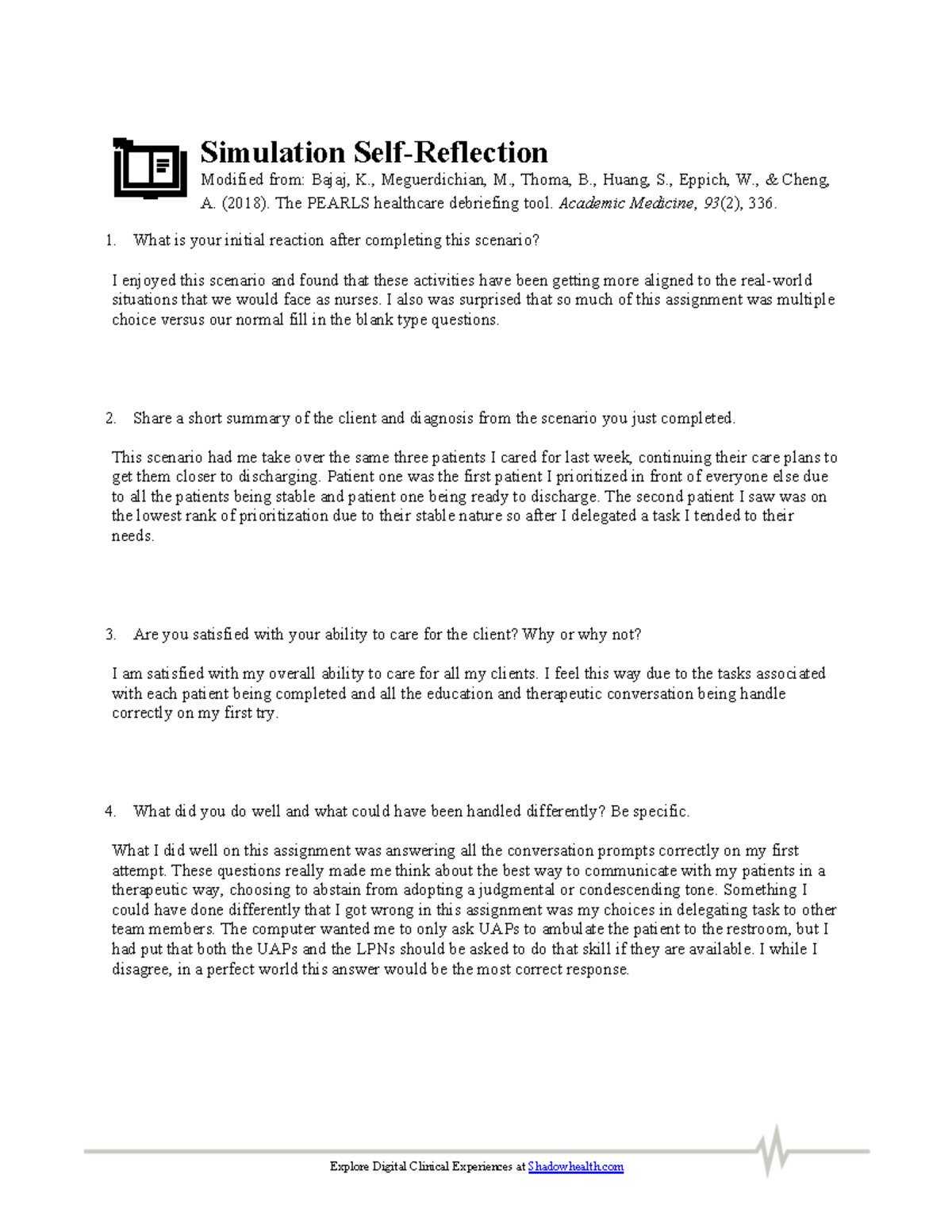 Self Reflection on Simulation Experience in Nursing Practice (NURS 101 ...