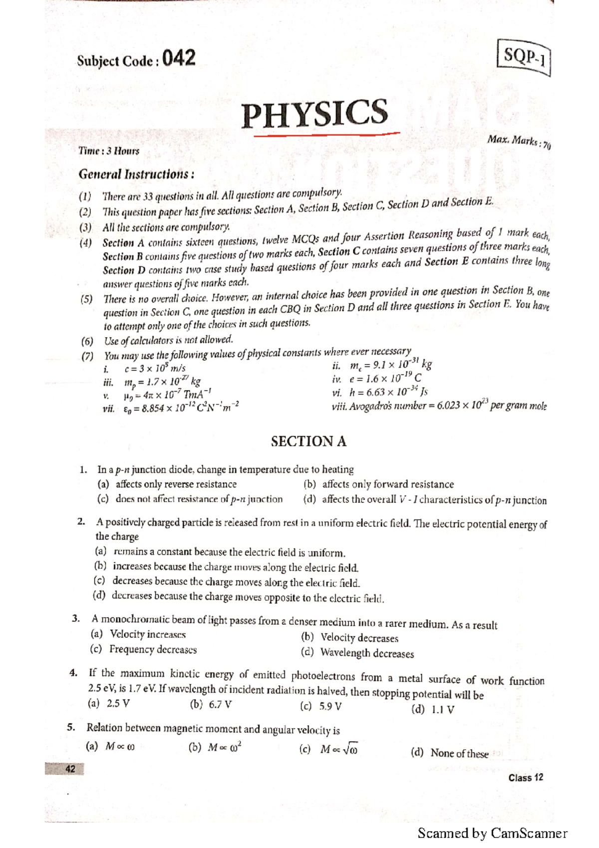 Physics Sample Exam - Code 042 - Max Marks 70 - Studocu
