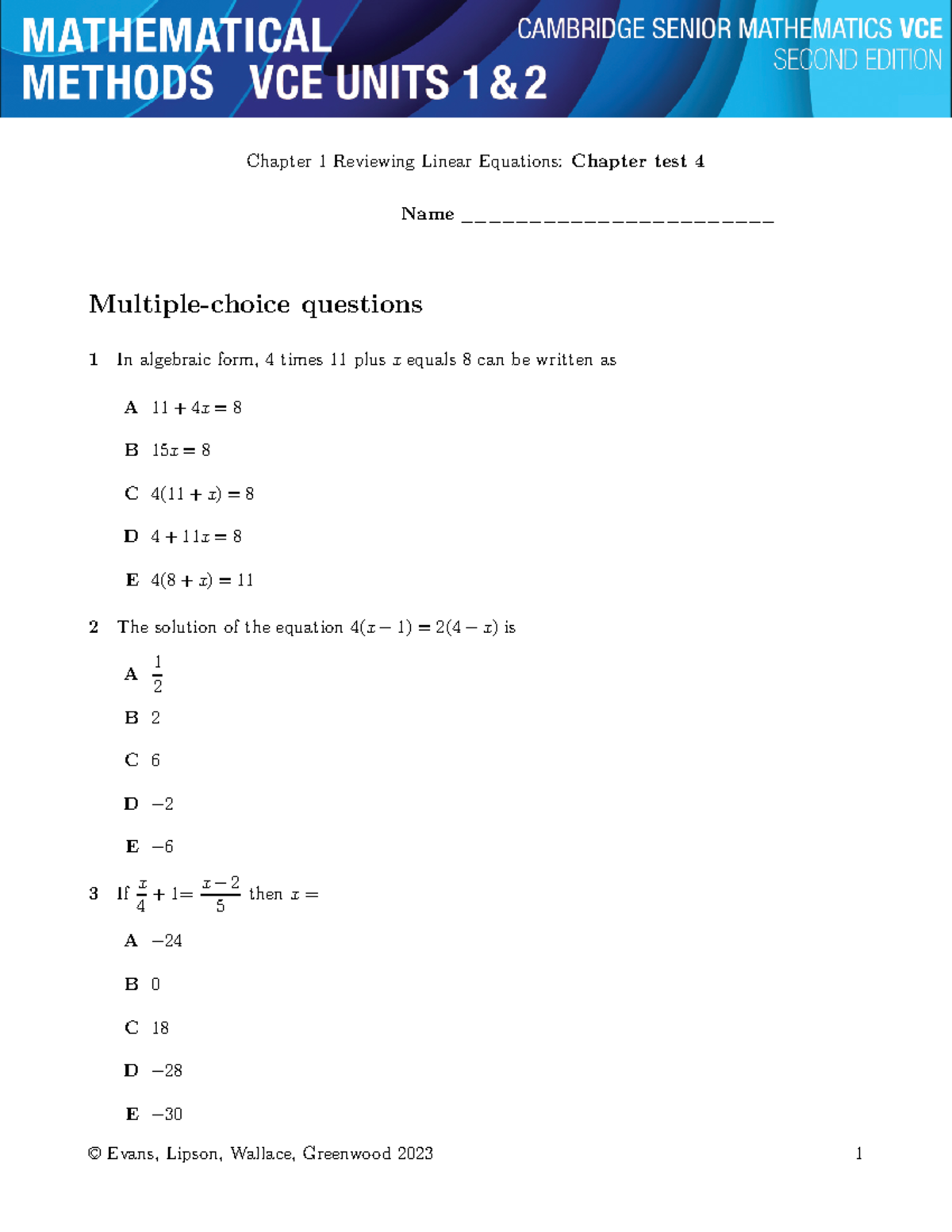 Year 11 Chp 1 Quiz - Linear Equations & Solutions - Studocu