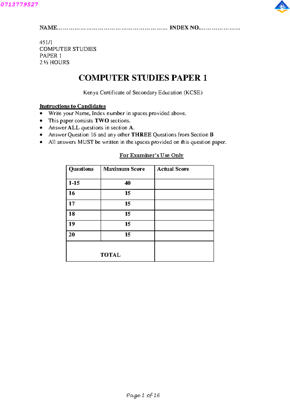 COMP PP1 QS - Computer Studies Theory Questions and Instructions - Studocu