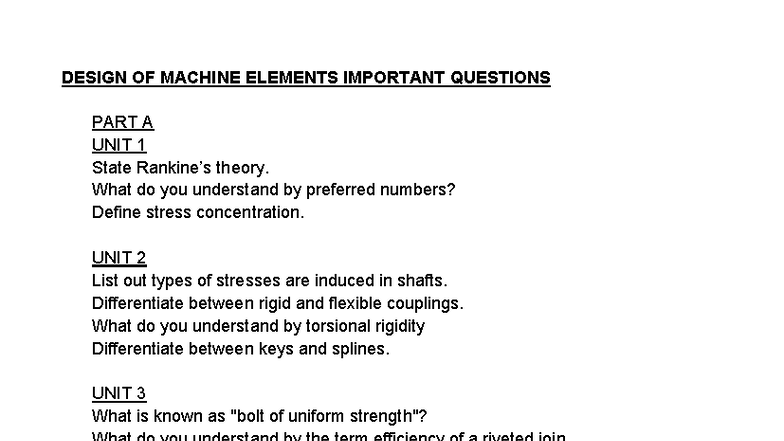 Design of Machine Elements: Important Questions (DME) - Part A & B ...