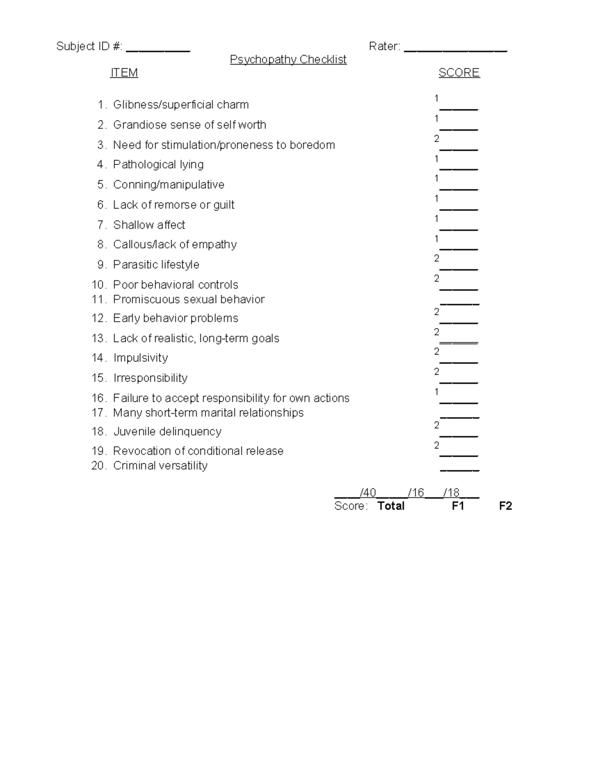 Psychopathy Checklist (PCLR) for Diagnosis Evaluation - Studocu