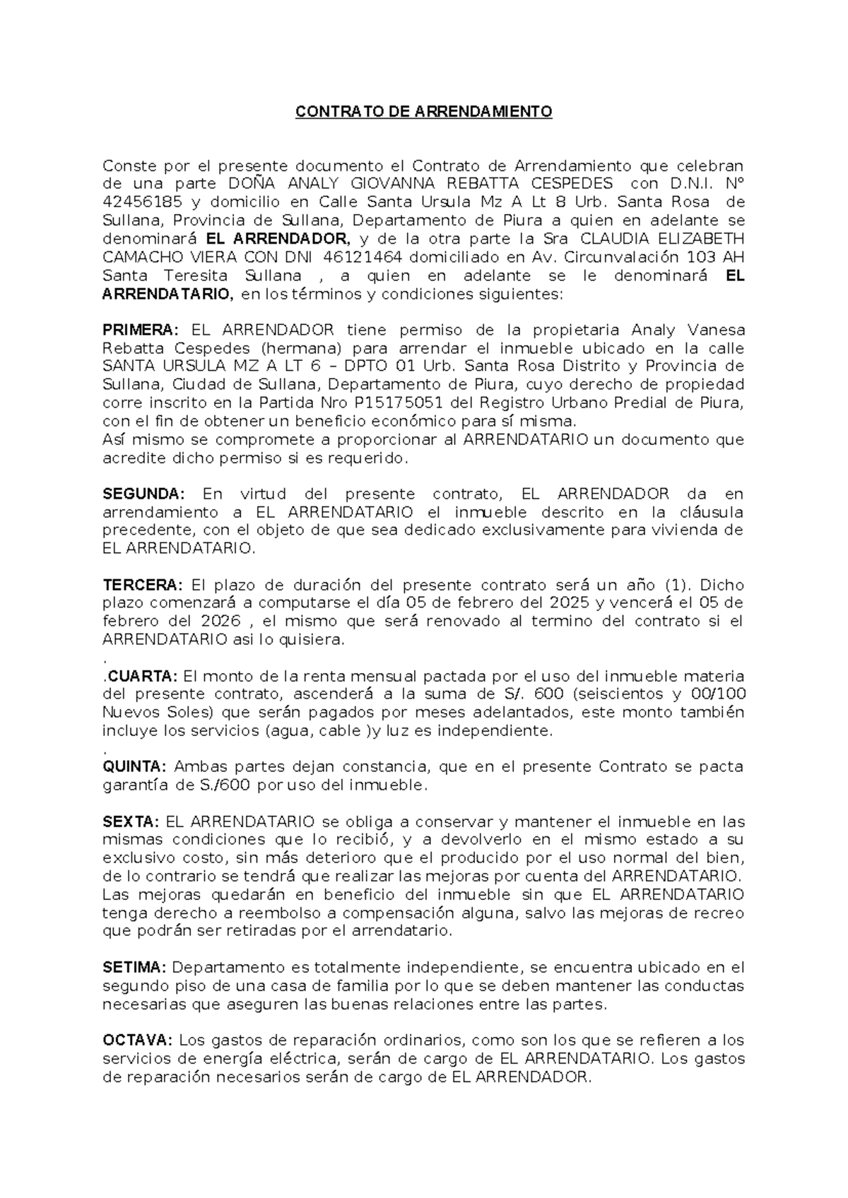 Contrato de Arrendamiento de Inmueble en Sullana - Giovanna 2 - Studocu