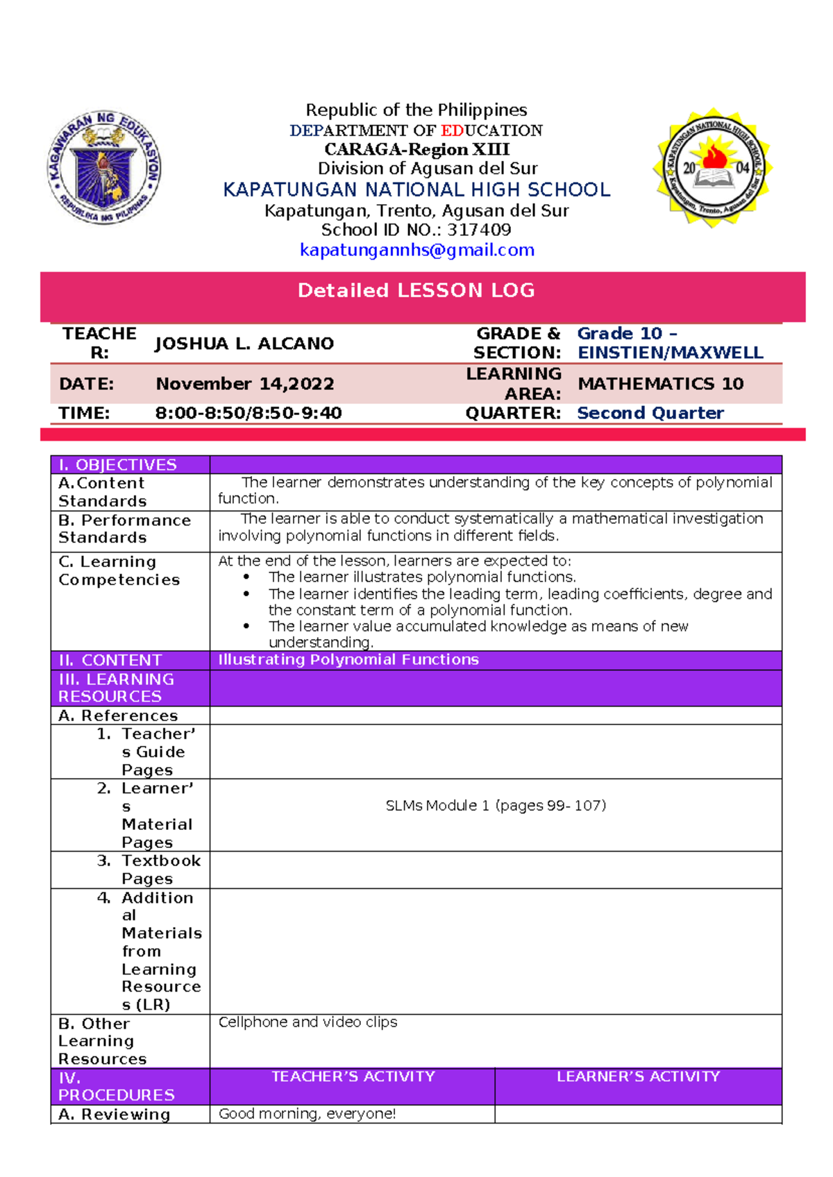 1 - Mathematics 10 Detailed Lesson PLAN - Republic of the Philippines ...