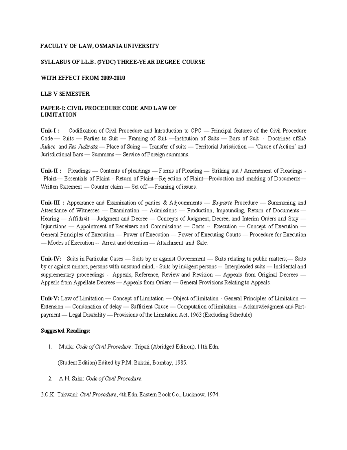LL.B. (3YDC) V Sem Syllabus: Civil Procedure Code & Limitation - Studocu