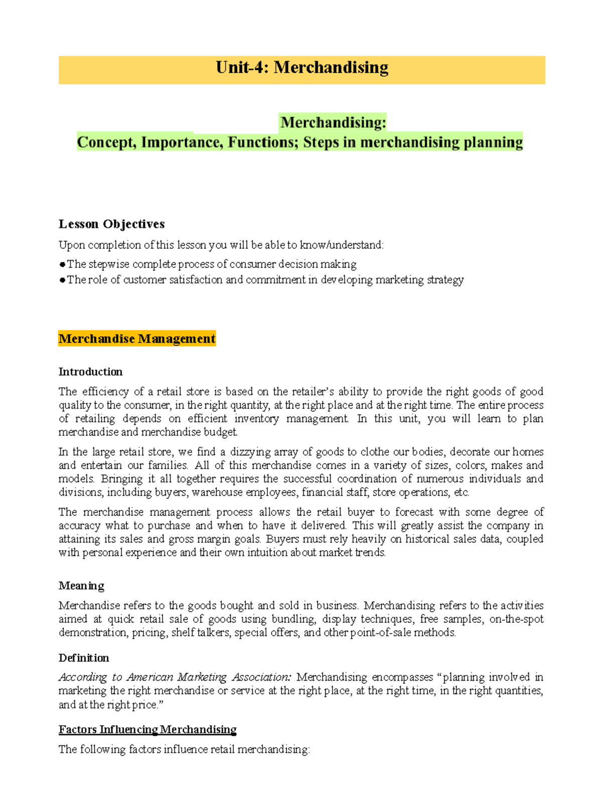 Process of Merchandising - RM - Detailed Overview of Unit 4 - Studocu