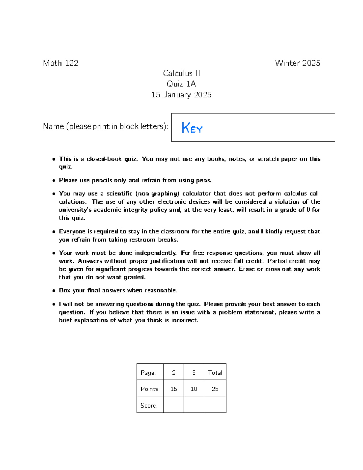 Math 122 Wi25 Quiz 1 Solutions and Key for Winter 2025 - Studocu