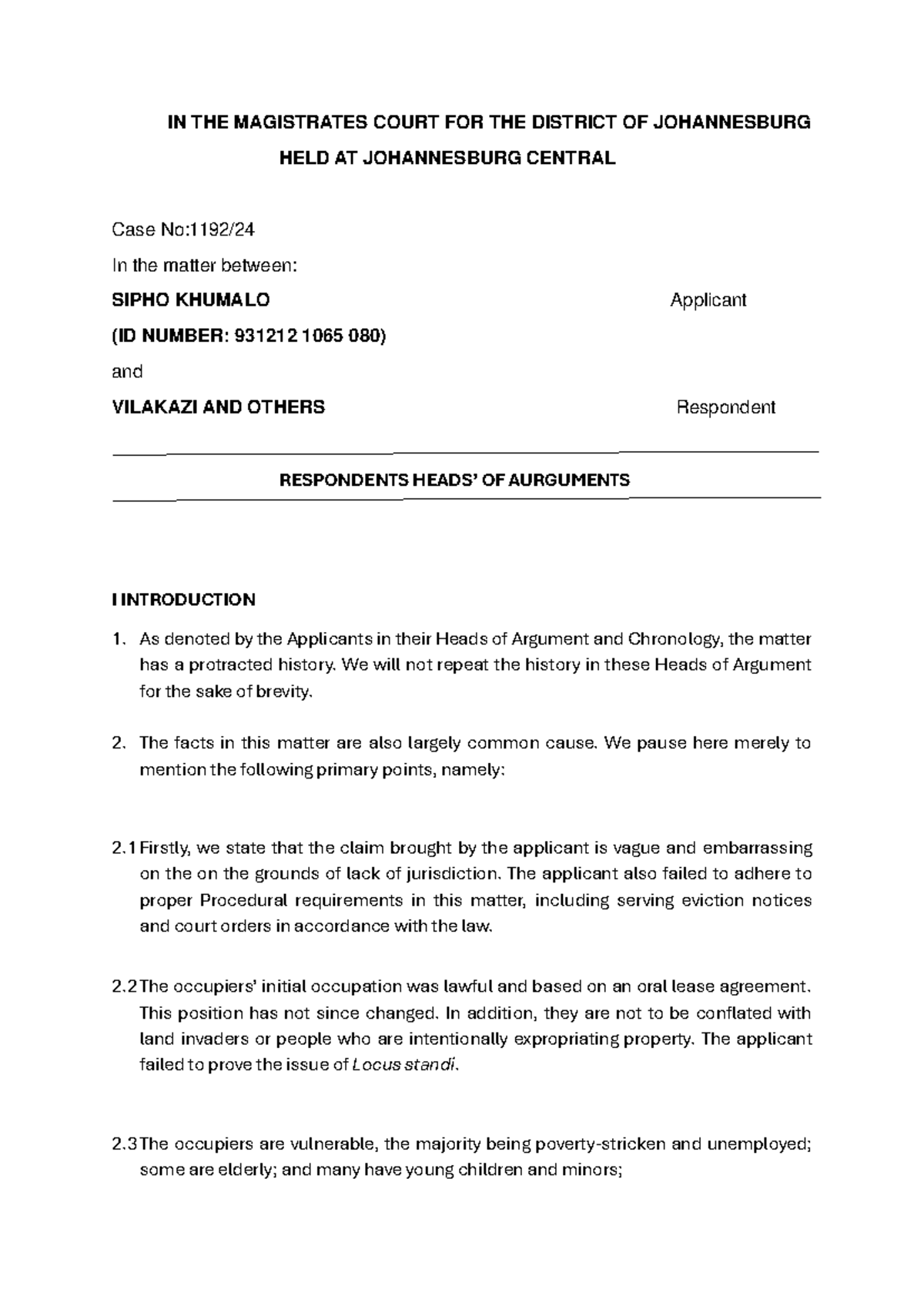 HOA- Magistrate Court sample - IN THE MAGISTRATES COURT FOR THE ...