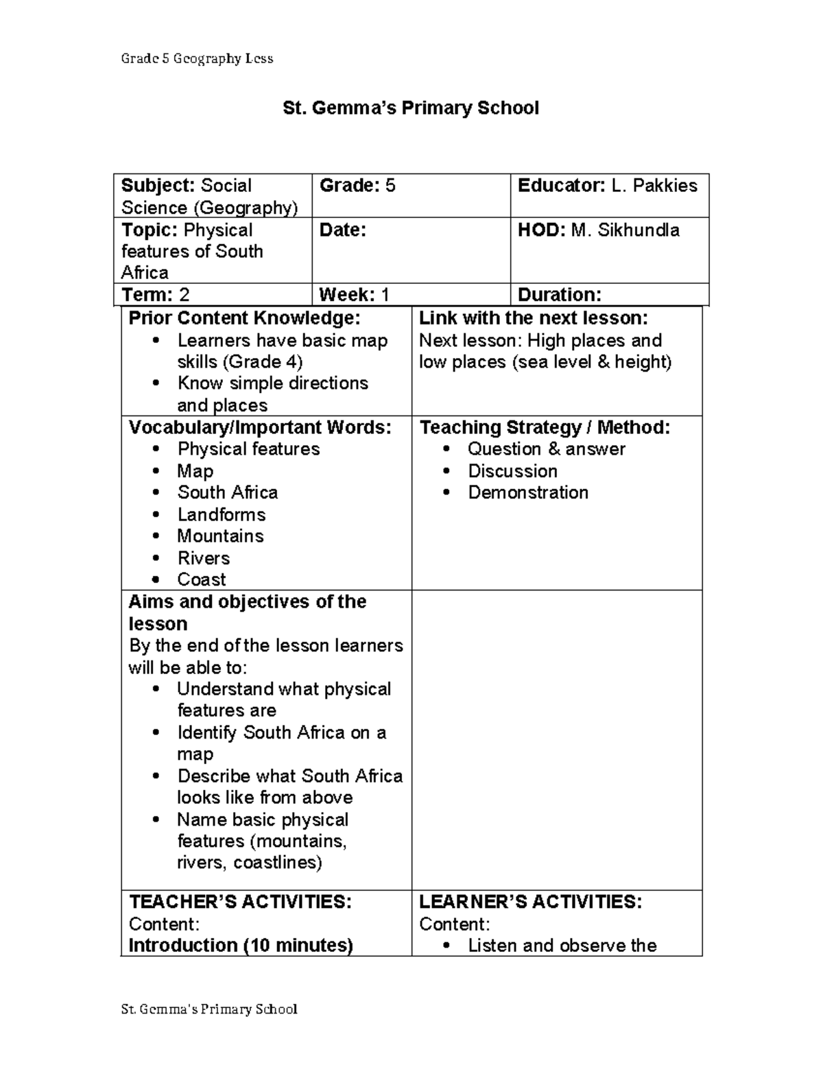 Grade 5 Geography Lesson Plan: Physical Features of South Africa - Studocu
