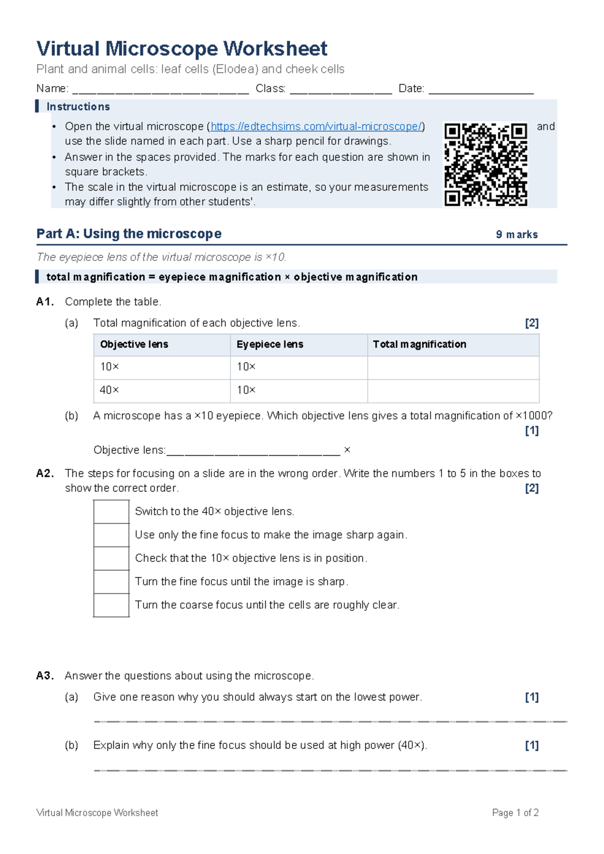 Virtual Microscope Worksheet: Plant & Animal Cells (Anatomy) - Studocu