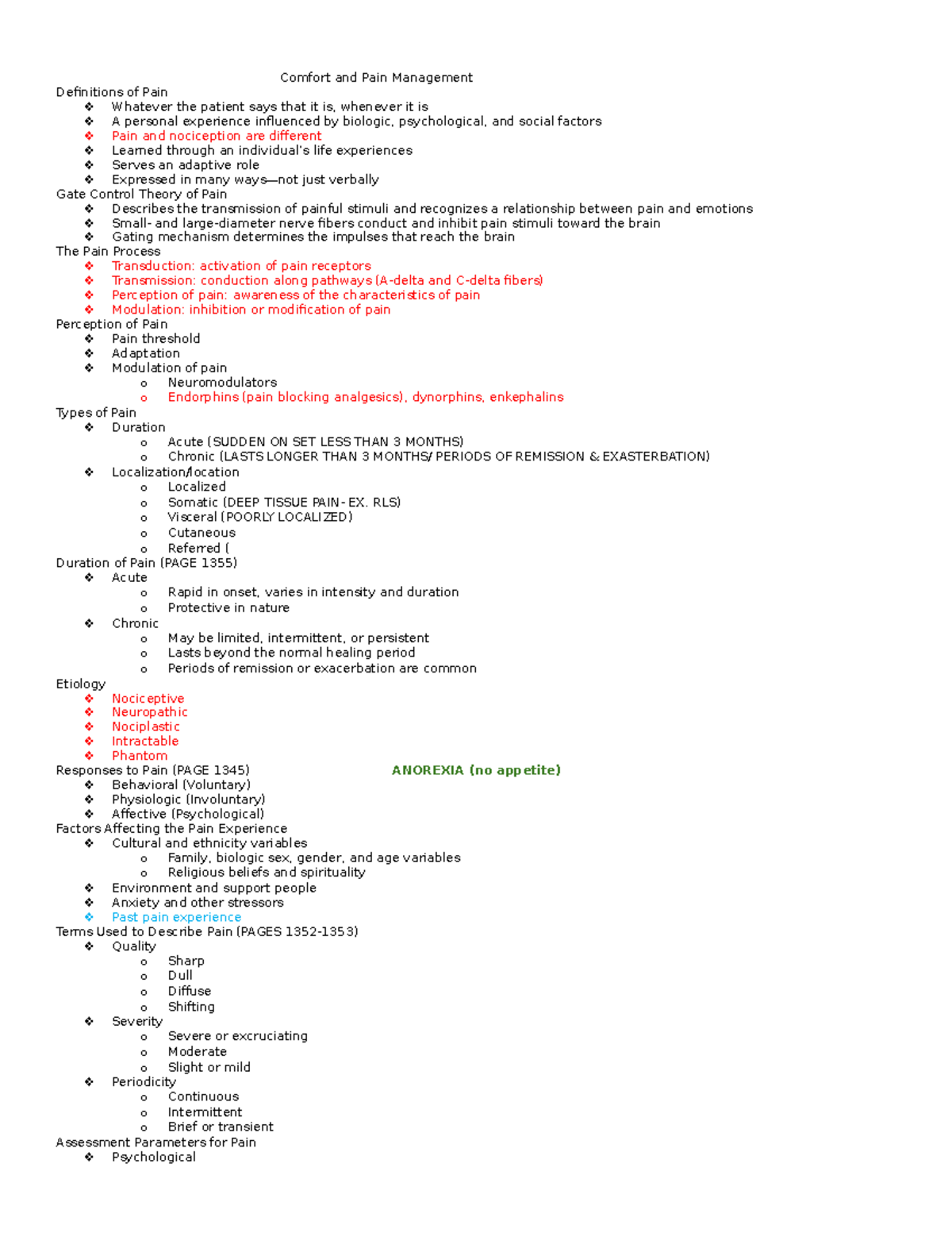 EXAM 4 NUR164 lecture - Exam notes 4 - Comfort and Pain Management ...