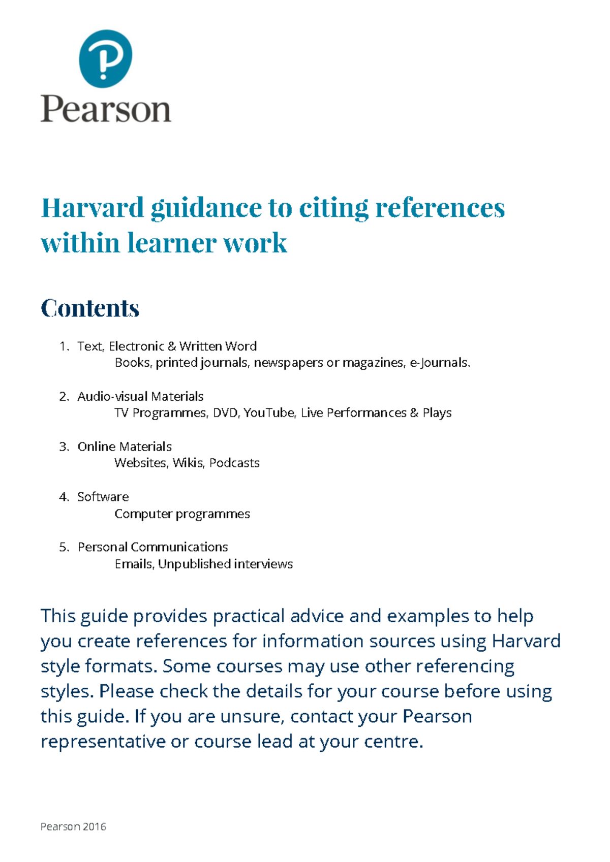 Referencing Guide - Pearson 2016 Harvard guidance to citing references ...