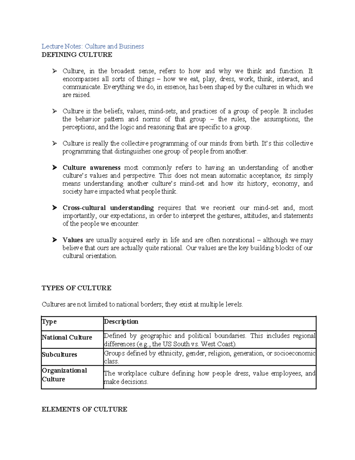 Lecture Notes: Culture and Business - Understanding Cultural Dynamics ...