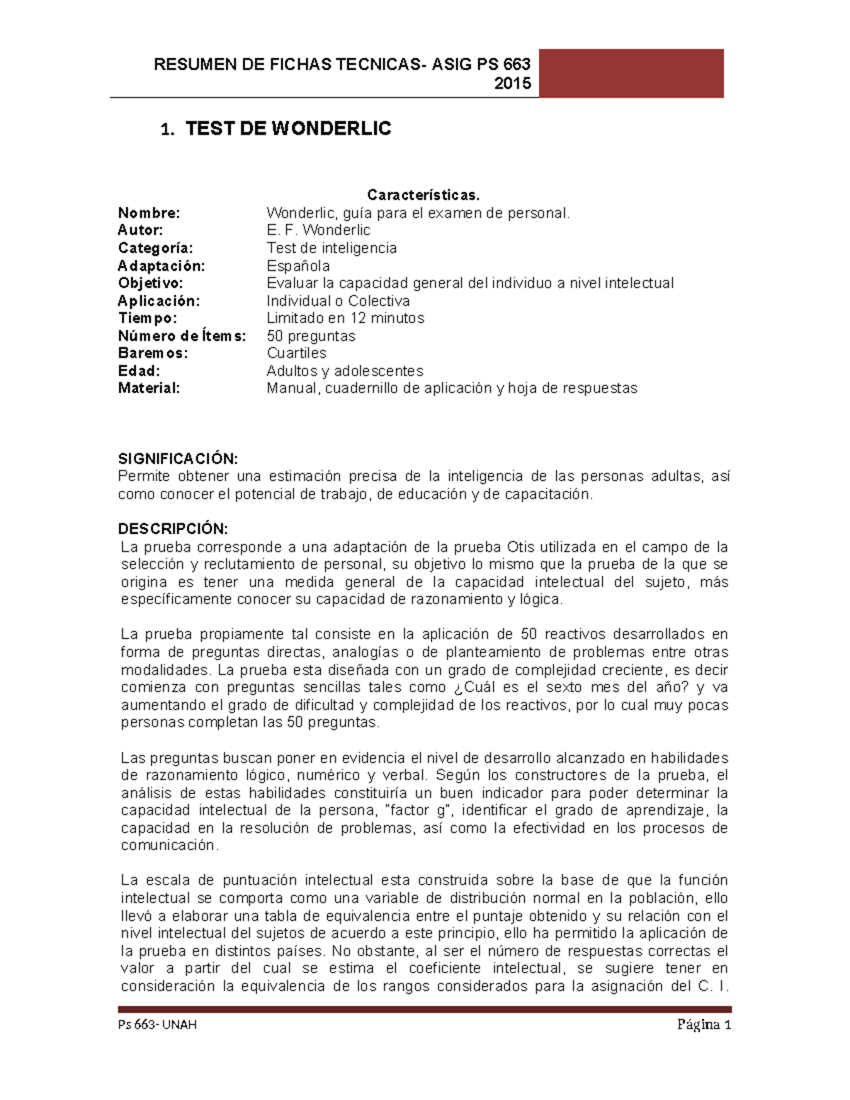 Fichas Técnicas de Pruebas Psicométricas: Wonderlic, Otis e IPV - Studocu