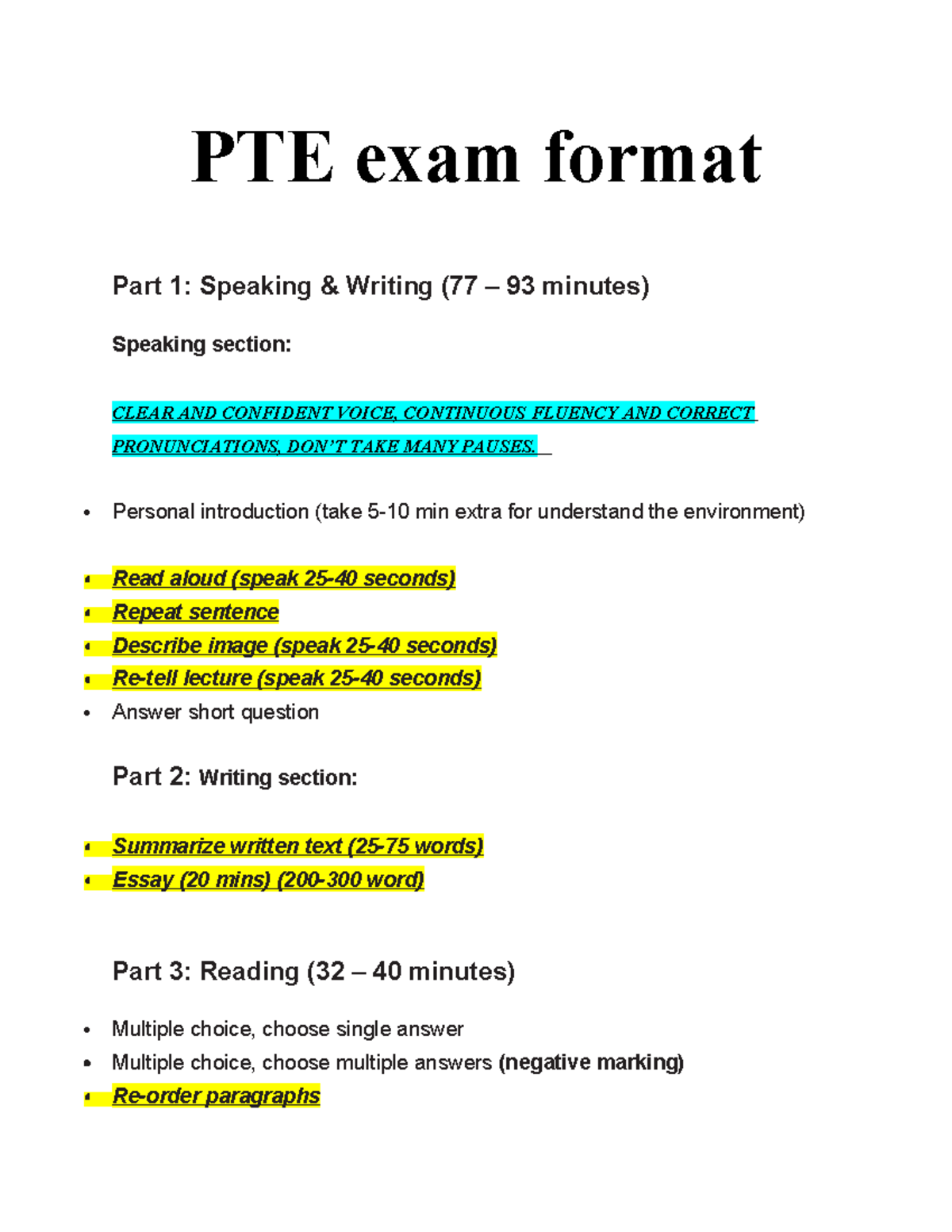 PTE Exam Format Overview: Speaking, Writing, Reading, Listening - Studocu