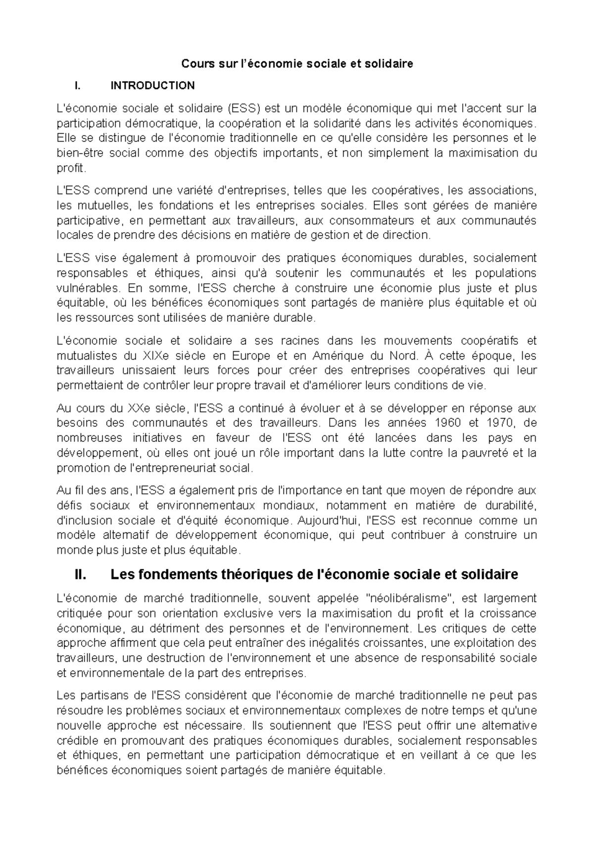 Cours sur l'économie sociale et solidaire (ESS) : Concept et enjeux ...