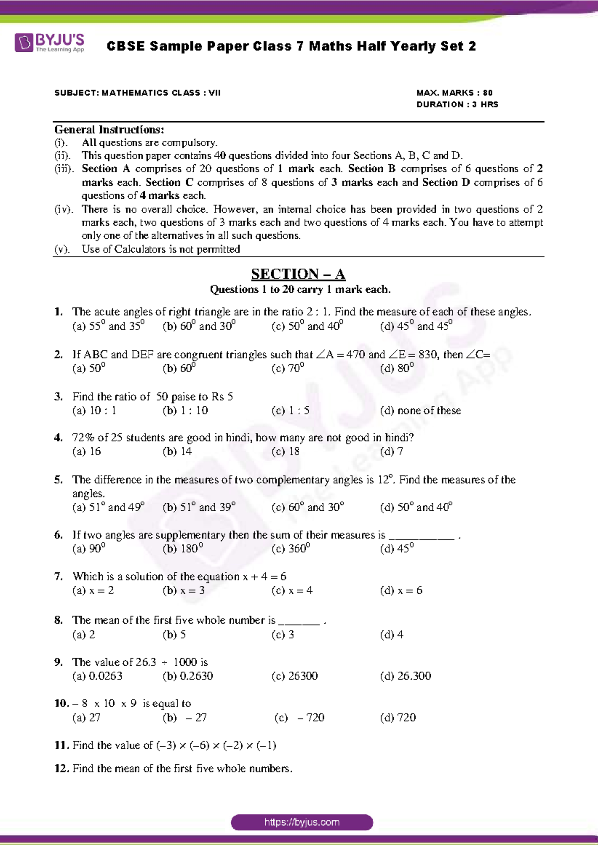 CBSE Class 7 Maths Half Yearly Sample Paper Set 2 - Studocu