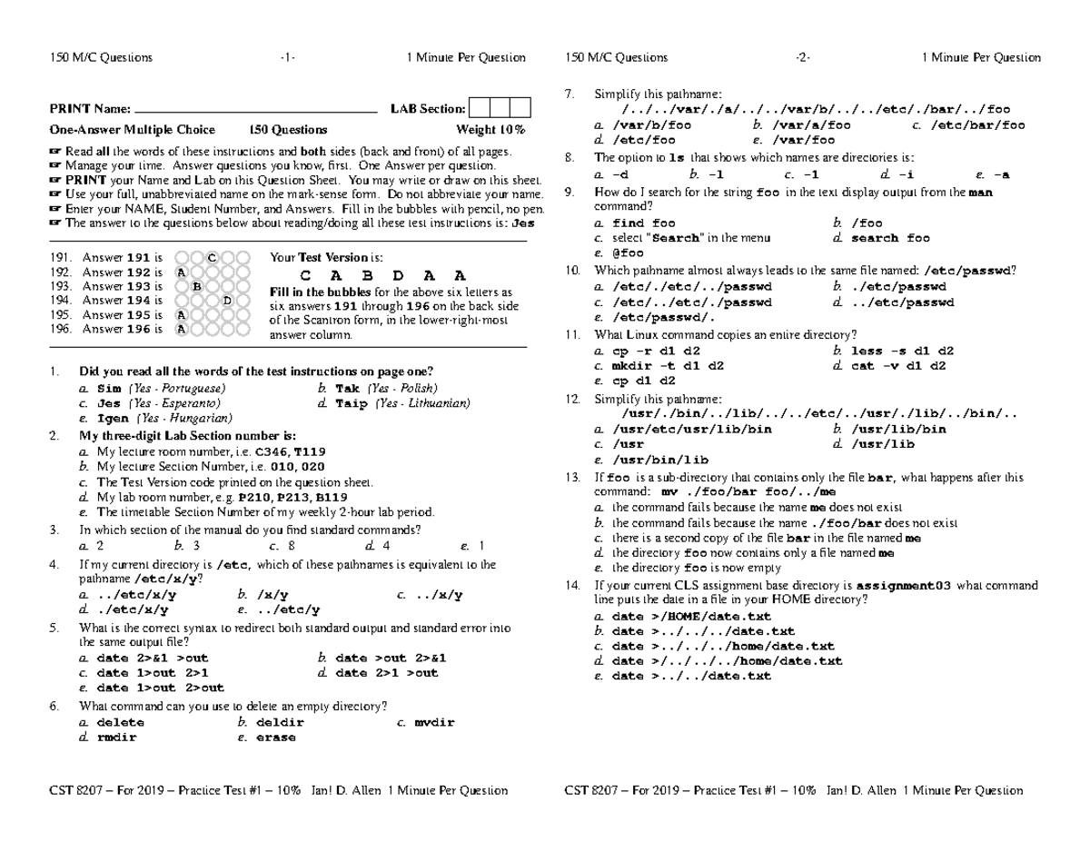 CST 8207 - Practice Test #1 - 150 M/C Questions - Studocu