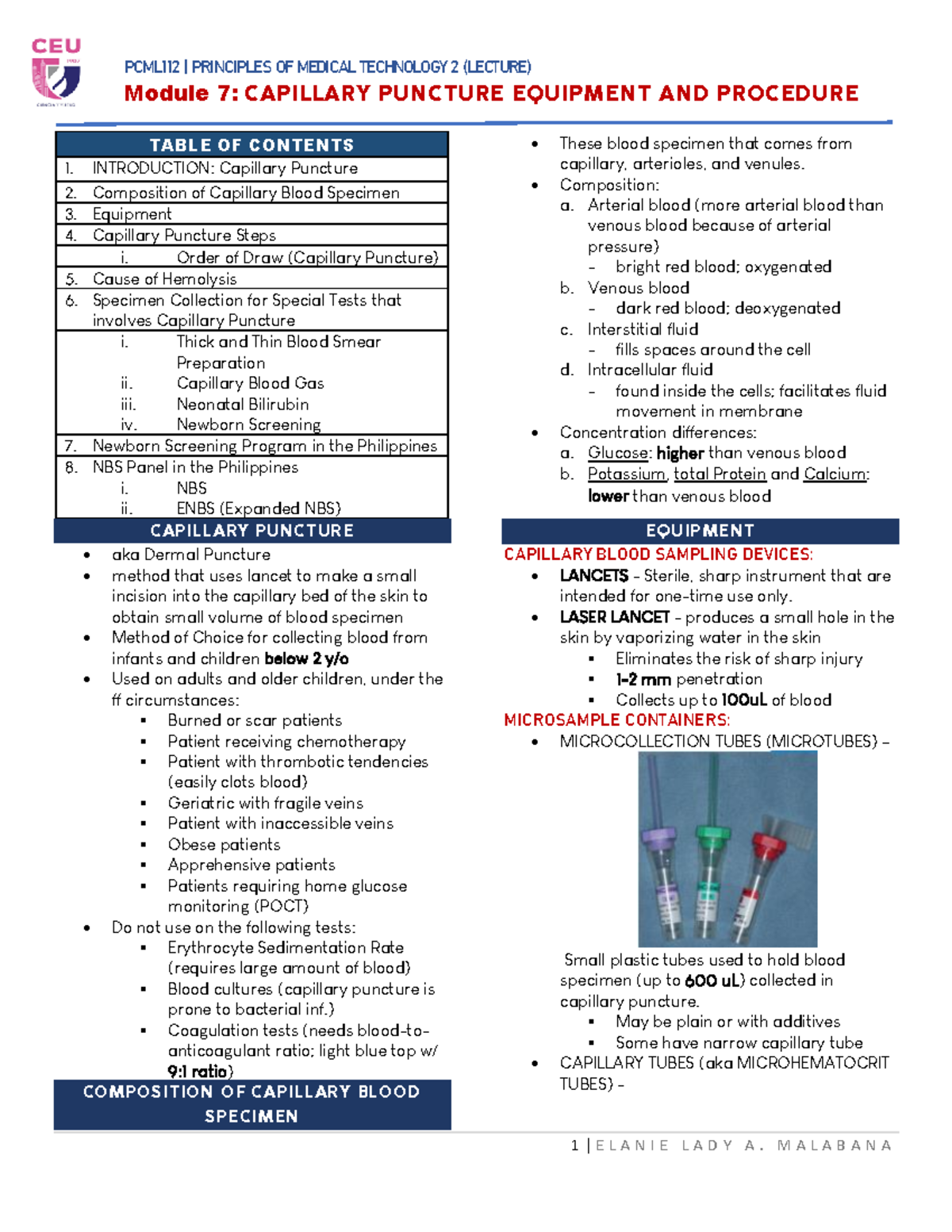 Module 7: Equipment & Procedure for Capillary Puncture Techniques - Studocu
