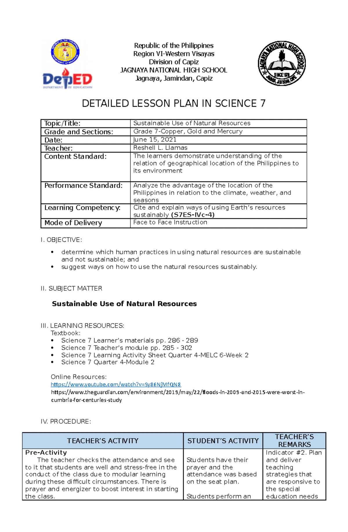 Grade 3 Cot Science Q4 Lesson Plan Daily Lesson Log School