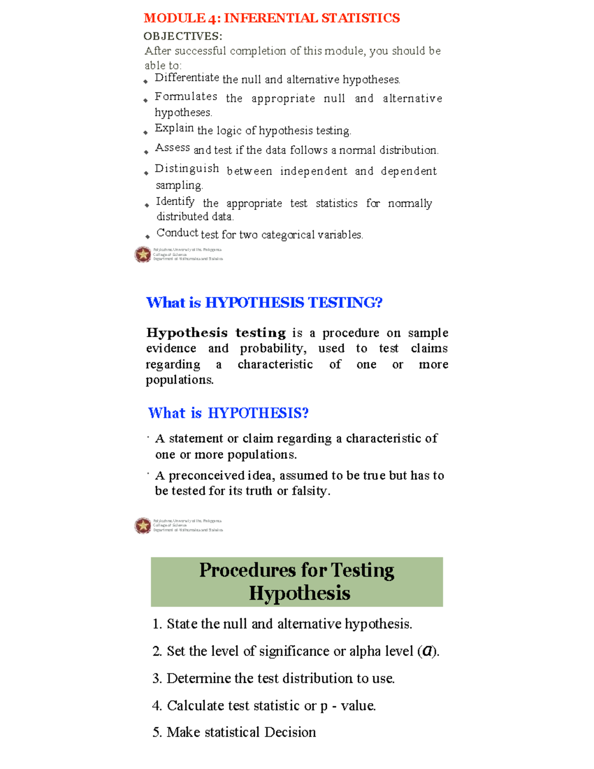 Inferential Statistics: Hypothesis Testing Module 4 (MATH 101) Notes ...